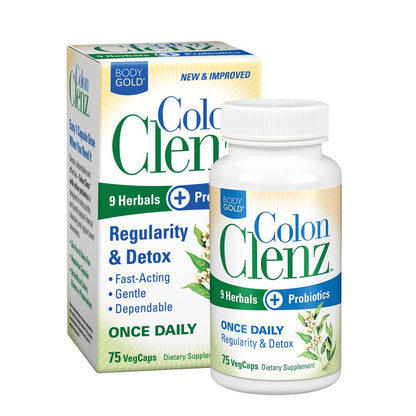 Body Gold Colon Clenz & Detox Overnight Formula | Once Daily with 9 Herbs + Active Probiotics | Constipation Relief for Adults | Bloating Relief for Women & Men | 75 Capsules