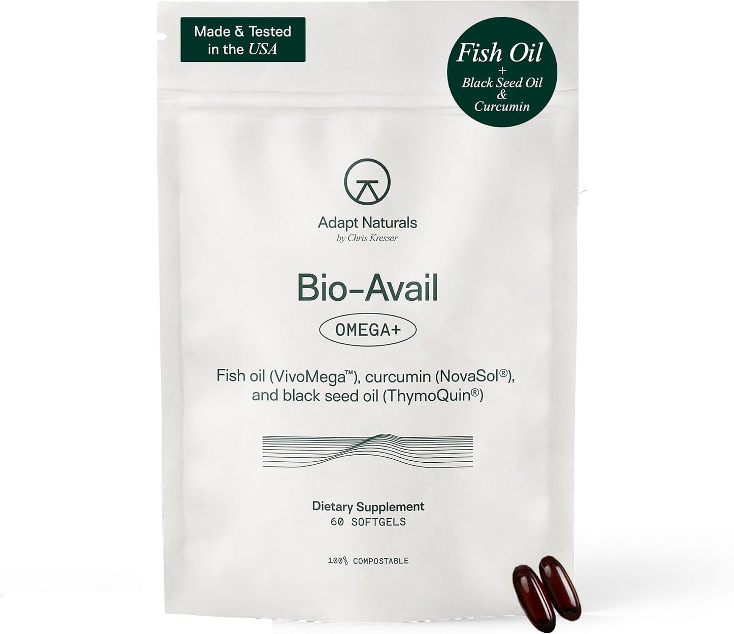 Adapt Naturals Omega 3 Fish Oil Fatty Acids (1500mg) EPA DHA - Unflavored | with Bioavailable Curcumin (500mg) & Black Seed (500mg), Supports Muscle & Joints Recovery, & Heart Health - 30 Day Supply