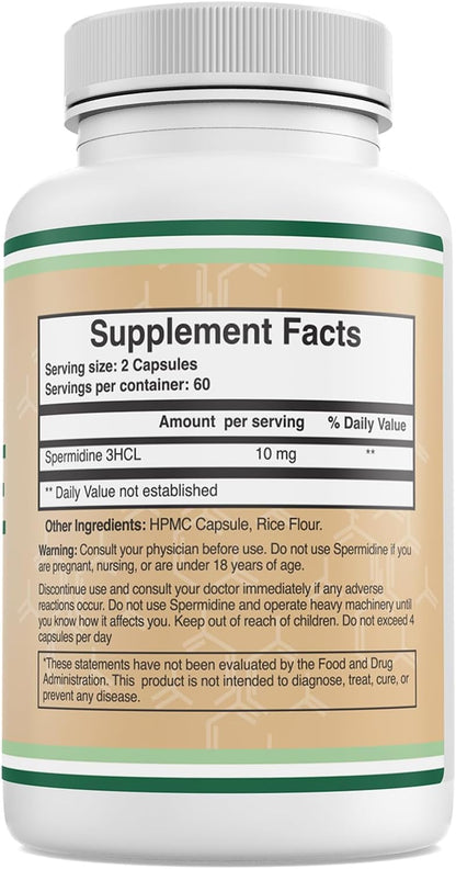 Spermidine Supplement (10mg of 99% Spermidine 3HCL - Third Party Tested) 120 Capsules - Over 100x More Potent Than Wheat Germ Extract for Cell Membrane, Telomere Health and Aging by Double Wood