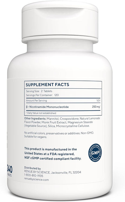 Renue By Science NMN Supplement | 240 Chewable Vegetarian Tablets - 250mg Nicotinamide Mononucleotide per Serving | Lemon Flavour - Manufactured in the USA Third-Party Tested