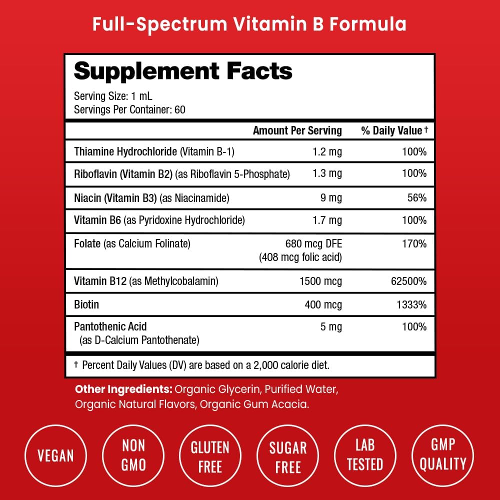 USDA Organic Vitamin B Complex Liquid Drops Sublingual B12 Methylcobalamin | B1, B2, B3, B5, B6, B7, B9 | Methylated B Vitamins Complex for Women & Men | Biotin, Niacinamide, Folate & Folic Acid, 2oz