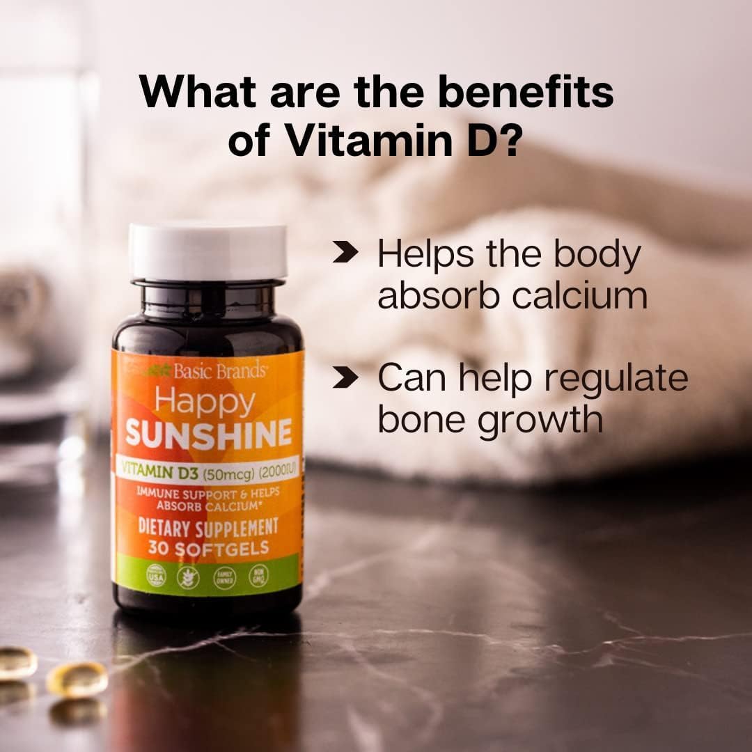 Basic Brands Happy Sunshine Vitamin D3 2000IU, 30 Count | Vitamin D3 (Cholecalciferol, 2000 IU / 50mcg), Daily softgel Supplement