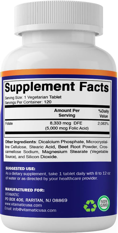 Vitamatic Folic Acid 5 mg (5,000 mcg), 120 Vegetarian Tablets | Vitamin B9 | 8,333 mcg DFE Foalte, Support Red Blood Cell Formation*, Heart & Nervous System Health*, Non GMO, Gluten Free, Made in USA