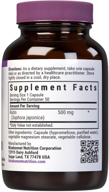 Bluebonnet Nutrition Rutin 500mg (Sophora Japonica) Antioxidant Bioflavonoid for Vascular Support* Vegan, Gluten-Free, Soy-Free - Plant-Based Rutin Supplement - 50 Vegetable Capsules