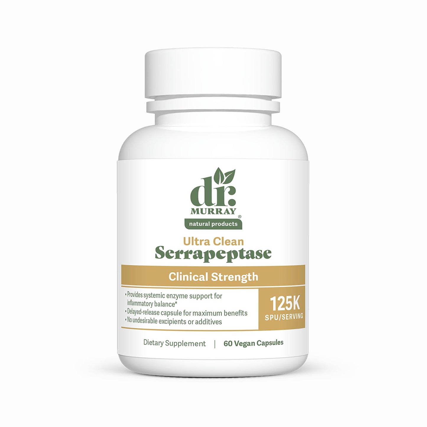 Dr. Murray's Ultra Clean 125,000 SPU Serrapeptase Clinical Strength - Proteolytic Enzyme | Acid-Resistant Vegan Capsules | GMP Certified | Third-Party Tested | 30 Count