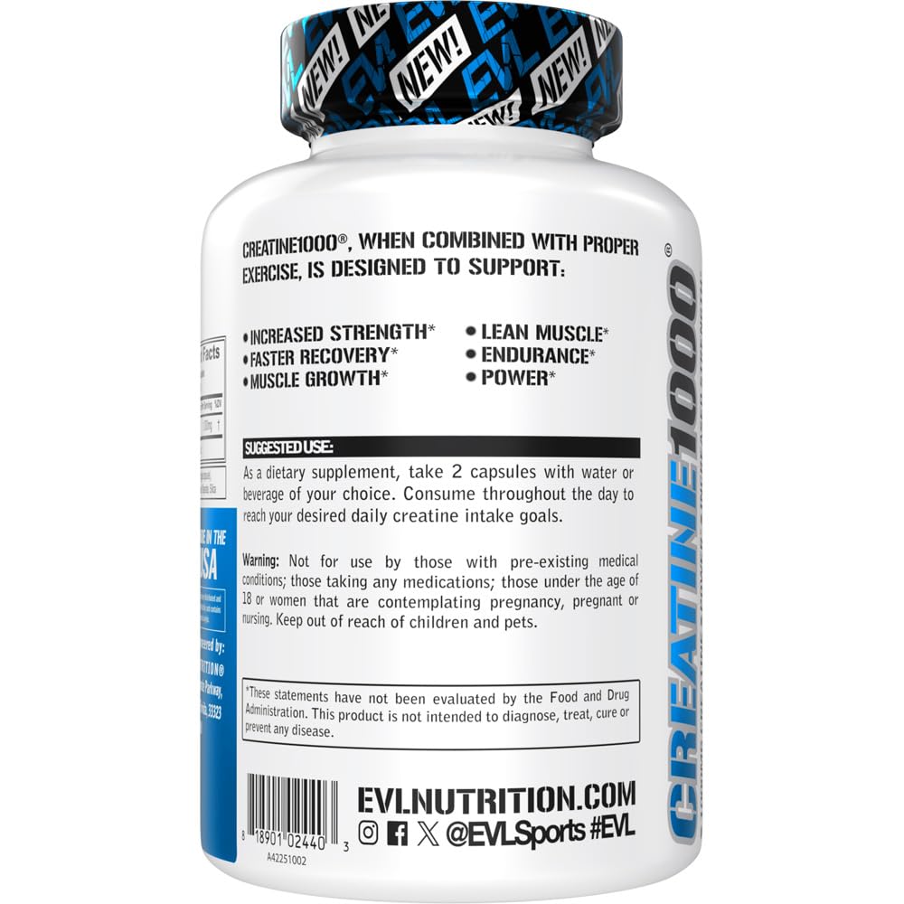 Evlution Nutrition Creatine Monohydrate Capsules - Pre and Post Workout Recovery Creatine Pills Men & Women's Muscle Gains Strength and Recovery - Vegan & Gluten Free, 500mg Per Capsule (60 Servings)