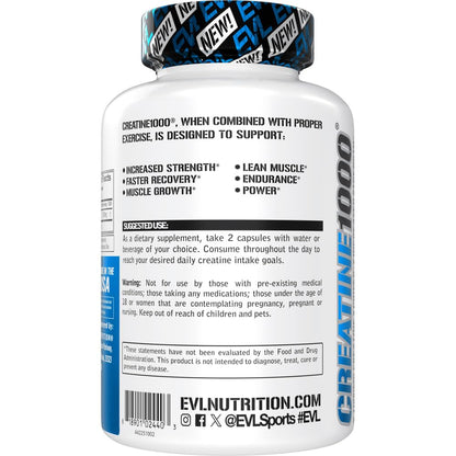 Evlution Nutrition Creatine Monohydrate Capsules - Pre and Post Workout Recovery Creatine Pills Men & Women's Muscle Gains Strength and Recovery - Vegan & Gluten Free, 500mg Per Capsule (60 Servings)