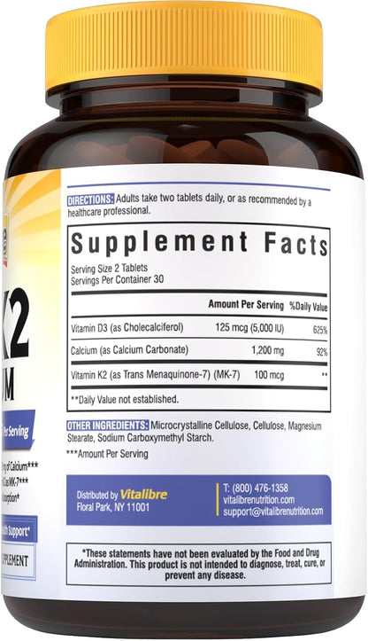 Vitalibre Vitamin D3 K2 + Calcium Supplements for Women & Men, 60 Tablets | Calcium 1200 mg with Vitamin D3 K2 5000 iu, High Absorption for Strong Bones, Teeth, Heart, Immune Health