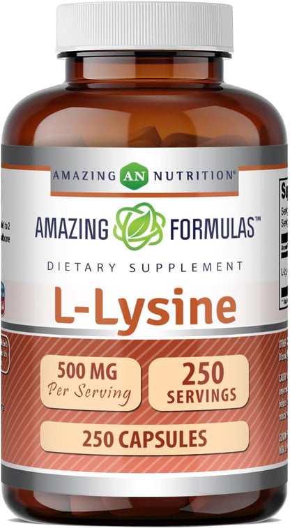 Amazing Formulas L-Lysine 500 Mg Amino Acid Supplement | Capsules | Non-GMO | Gluten-Free | Made in USA (1 Pack | 250 Count)