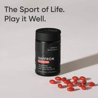 Sports Research® Pure Saffron Supplement, 30 mg - Mood & Stress Support - Made w/Affron® Saffron Extract - Vegan Certified · Non-GMO · Gluten Free – 60 Veggie Softgels