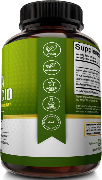 NutriFlair Alpha Lipoic Acid 600mg - with Grape Seed & BioPerine, 120 Caps