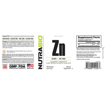 NutraBio Zinc Chelate Mineral Supplement - for Proper Growth, Development, and Immune Health - 30mg of Zinc per Vegetarian Capsules - 120 Servings