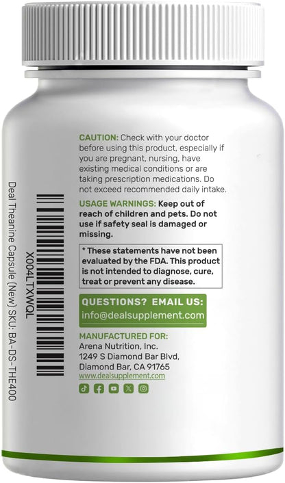 L-Theanine 400mg, 400 Capsules – Extra Strength Theanine Supplement – Amino Acids for Focus & Relaxation Support – Non-GMO & Gluten Free