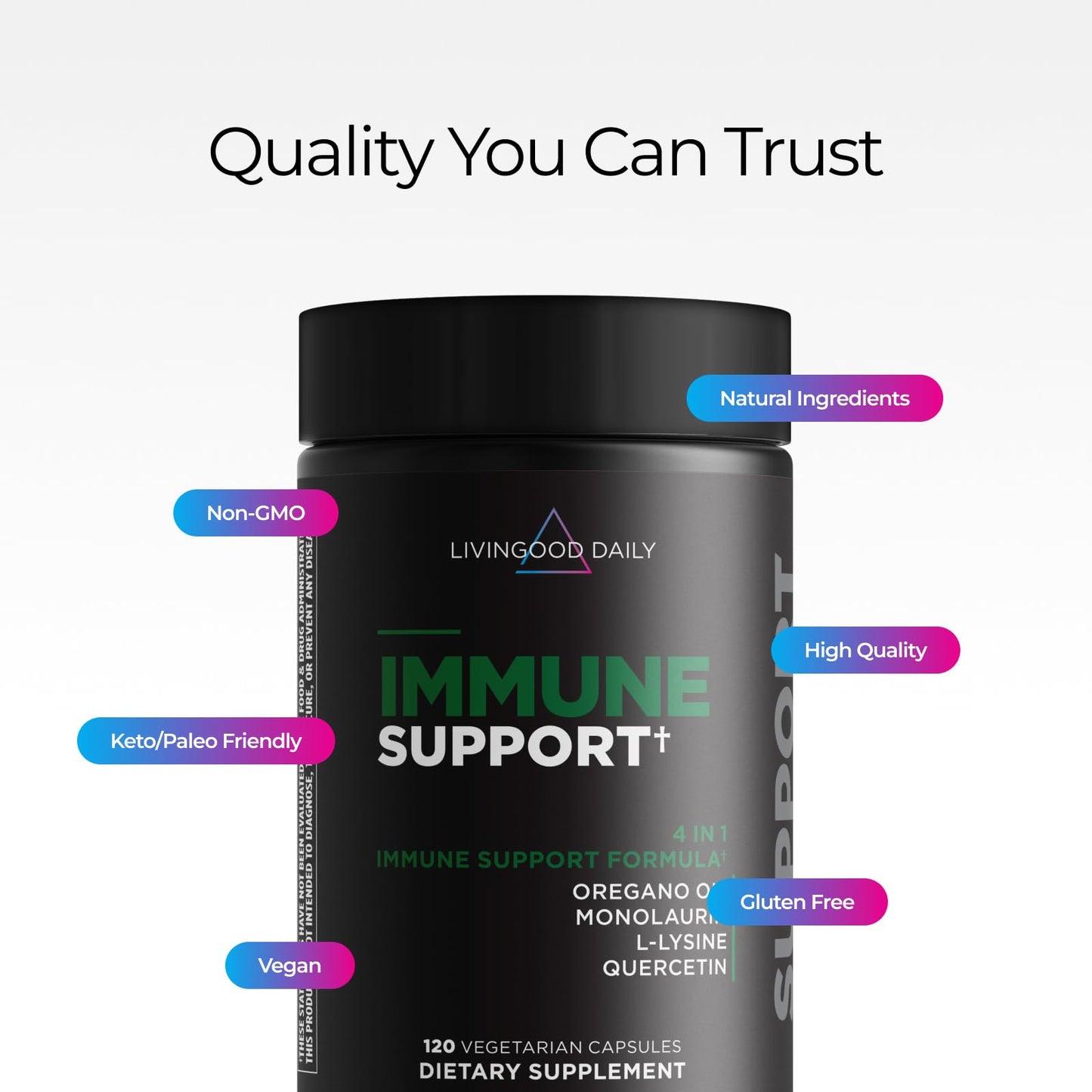 Livingood Daily Immune Support Supplement, 4-in-1 Formula with Oregano Oil, Monolaurin, L Lysine & Quercetin, Gut & Digestive Health, Gluten Free, Vegan, Non GMO, Allergen Free, 120 Capsules