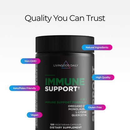 Livingood Daily Immune Support Supplement, 4-in-1 Formula with Oregano Oil, Monolaurin, L Lysine & Quercetin, Gut & Digestive Health, Gluten Free, Vegan, Non GMO, Allergen Free, 120 Capsules
