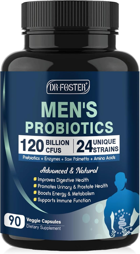 DRFOSTER Probiotics for Men Digestive Health, 120 Billion CFU, 90 Capsules | with Digestive Enzymes & Prebiotics & Saw Palmetto & Cranberry for Gut, Prostate & Urinary Tract Health, Shelf Stable