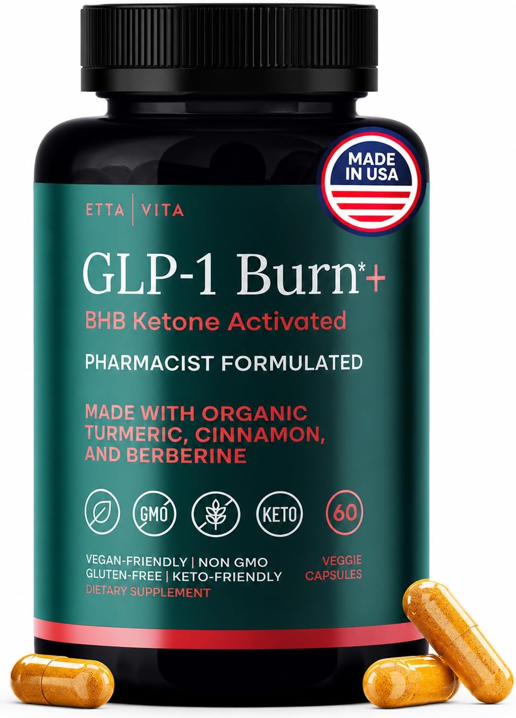 Etta Vita GLP-1 Supplement for Appetite Support and Metabolic Health for Men and Women with BHB Ketones, Apple Cider Vinegar, Berberine HCL, Turmeric and Cinnamon