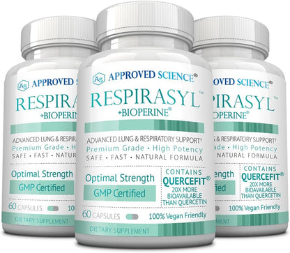 Approved Science® Respirasyl - Lung and Respiratory Support - with Quercefit, Vitamins A,C,D, BioPerine - 3 Month Supply - Made in the USA