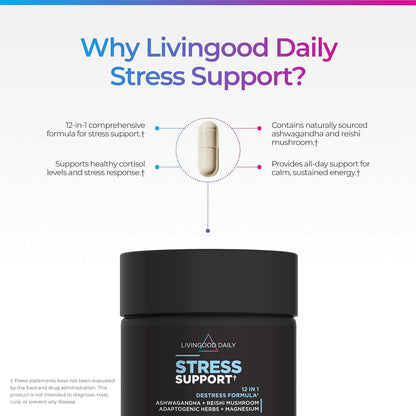 Livingood Daily Stress Support, 12-in-1 Supplement with Ashwagandha, Reishi Mushroom, Vitamin B6, Adaptogenic Herbs & Magnesium, Supports Mood & Calm, Gluten Free, Vegan, 60 Vegetarian Capsules