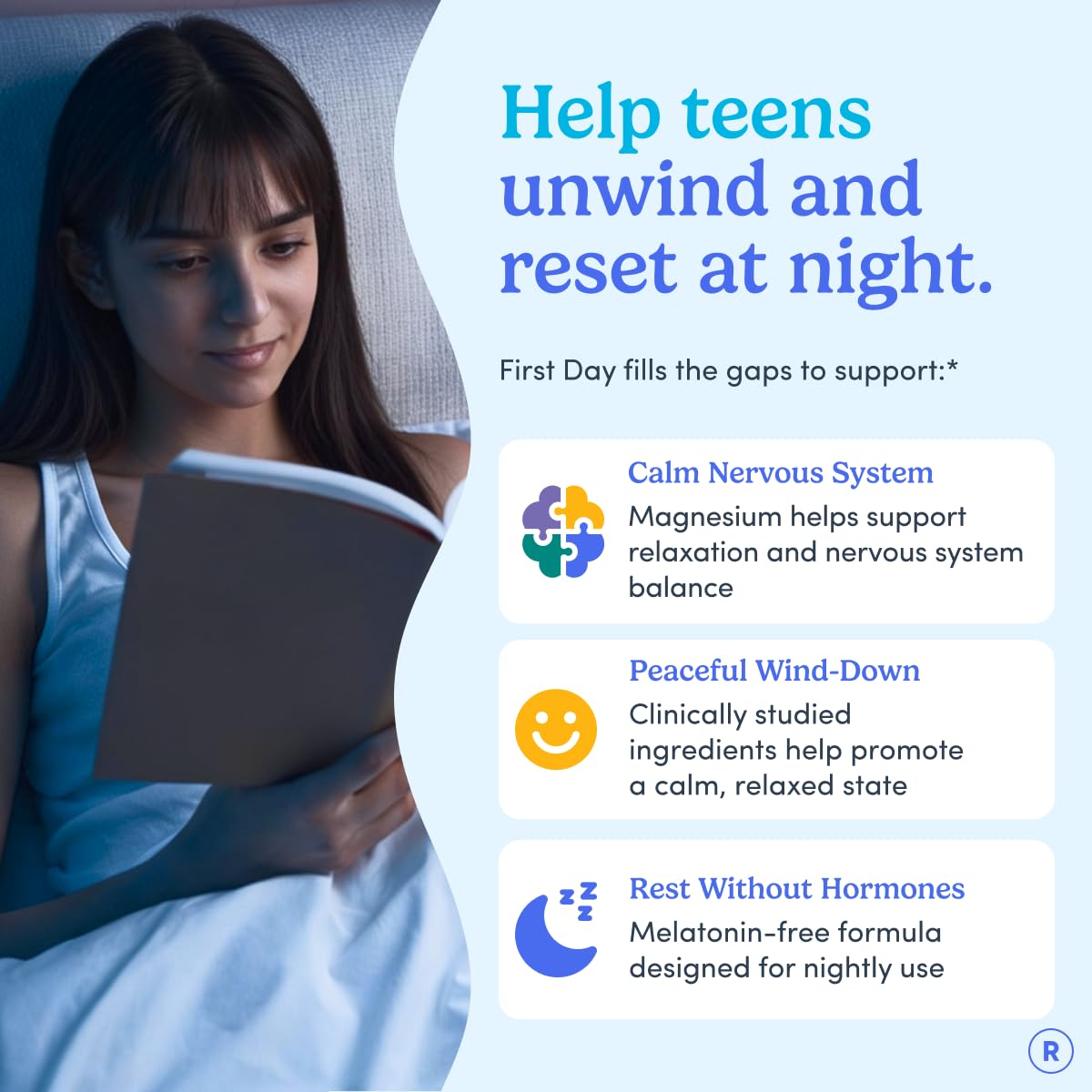 FIRST DAY Calm Magnesium for Teens Gummies, Affron, No Melatonin, 60 Count | Passionfruit-guava magnesium gummies with citrate and Affron; melatonin-free nighttime relaxation support for teens.