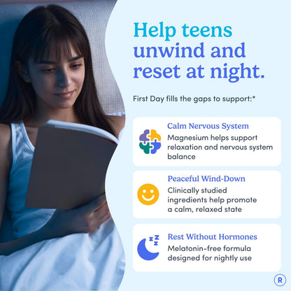 FIRST DAY Calm Magnesium for Teens Gummies, Affron, No Melatonin, 60 Count | Passionfruit-guava magnesium gummies with citrate and Affron; melatonin-free nighttime relaxation support for teens.