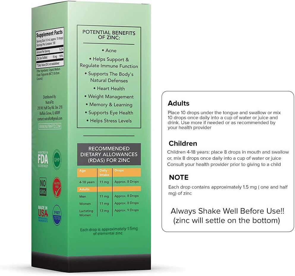 Organic Zinc Supplements for Kids, Adults - Zinc Sulfate - Liquid Zinc Supplement - Pure Ionic Zinc Drops in Coconut Oil for Immune Support, Skin - NO Preservatives & Great Taste - 100 Vegan Servings