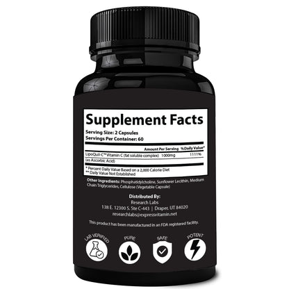 Research Labs Liposomal Vitamin C Supplement w/Enhanced Absorption LipoQuil-C™ | 2 Fer 1 ad 240 Capsules Total Immune Support Collagen Booster | High Dose Fat Soluble Vita C 1000mg Buffered | Non GMO