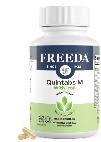 FREEDA Multivitamin – Quintabs-M with Iron – Kosher Multi Vitamins Supplements for Women Health - Multivitamins for Women & Iron-Deficient Men Adult Vitamins Multivitamin (100) | Kosher Multivitamin with Iron Formulated for Women & Men - Supporting Daily