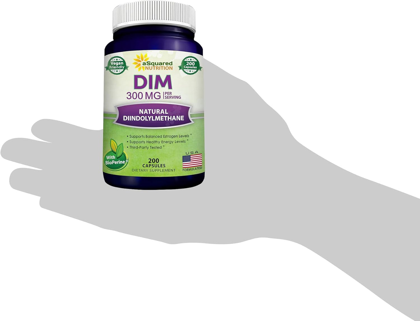 aSquared Nutrition DIM Supplement 300mg Per Serving Plus BioPerine - 200 Veggie Capsules - Diindolylmethane DIM Max Strength Pills to Support Estrogen Metabolism & Balance, Menopause, Hormonal Acne