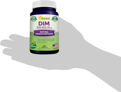 aSquared Nutrition DIM Supplement 300mg Per Serving Plus BioPerine - 200 Veggie Capsules - Diindolylmethane DIM Max Strength Pills to Support Estrogen Metabolism & Balance, Menopause, Hormonal Acne