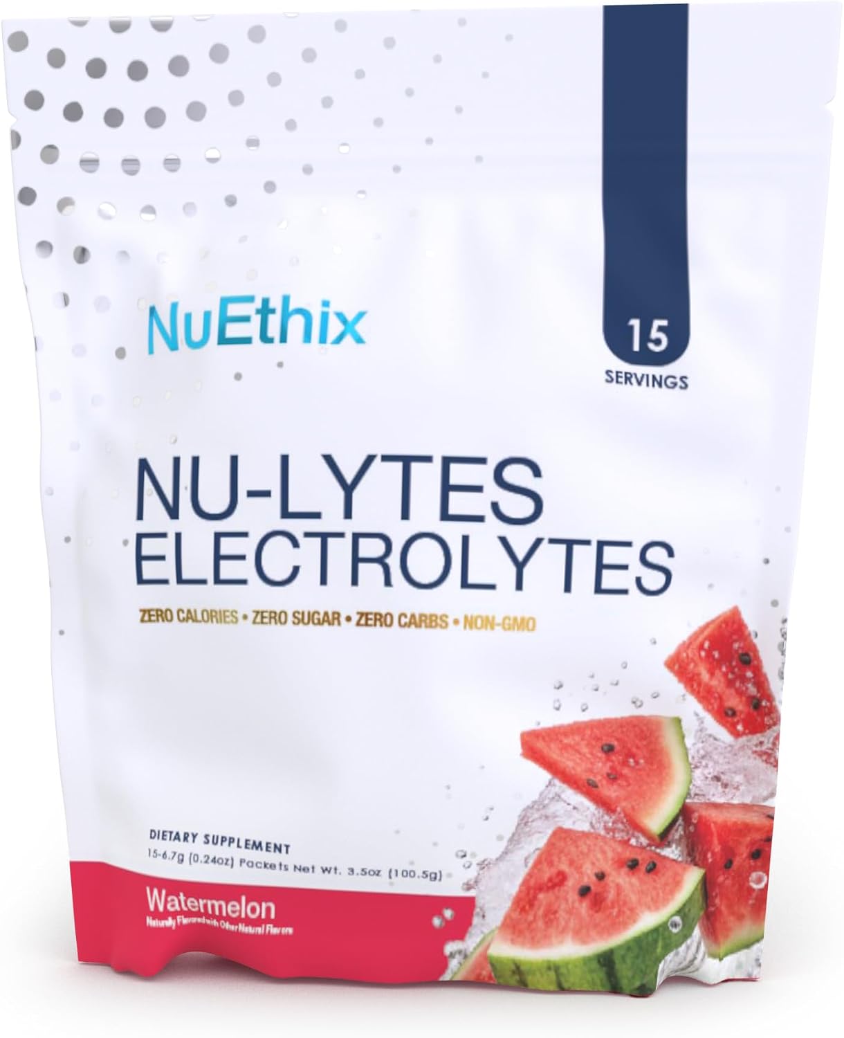 NuEthix Formulations NU-LYTES Electrolytes Hydration Packets, Zero Calories, Zero Sugar, Zero Carbs, Non-GMO, Electrolytes Powder Packets, Glycogen Replenishment, 15 Servings (Watermelon)