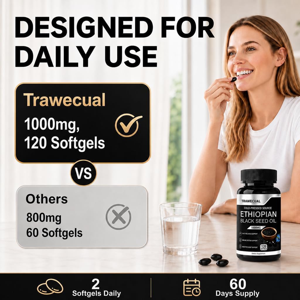 Ethiopian Black Seed Oil Softgels, 120 Count, 1000mg Cold Pressed | 4.64% Thymoquinone, Digestive & Immune Support, Non-GMO, Gluten-Free, Vegan, Black Cumin Seed Oil Softgels, 60 Day Supply
