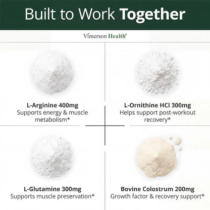 Vimerson Health L-Arginine L-Ornithine L-Glutamine with Colostrum – HGH Supplements for Men & Women – Muscle Growth & Recovery Support – 60 Capsules 30-Day Supply