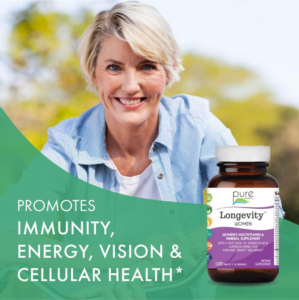 Pure Essence Longevity for Women Over 40 Multivitamin - Vitamins with Superfoods, Whole Foods, Minerals, Antioxidants and Immune Support - 90 Tablets