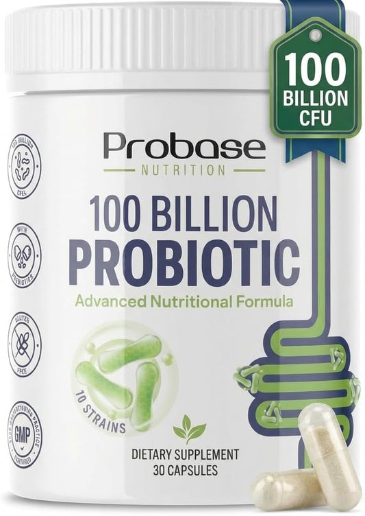 Probase Nutrition Probiotic, 100 Billion CFU, 10 Strains with Prebiotics, 30 Veggie Capsules, Gluten Free for Men and Women, 30-Day Supply