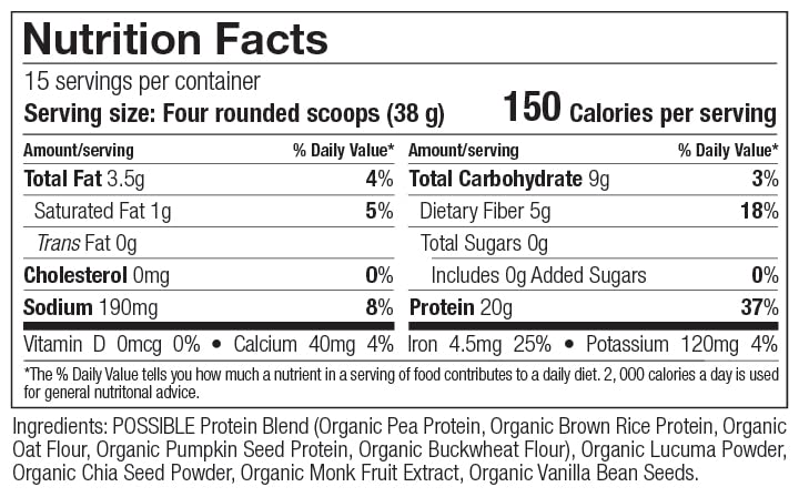 Possible Protein Powder Vanilla Bean - 20g of Vegan, Plant-Based Protein Mix - Non-GMO