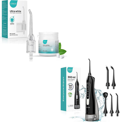 COSLUS Water Dental Flosser Teeth Pick: Portable Cordless Oral Irrigator + Whitening Water Flosser Replacement Tips with 60 Pcs Mint Refills: Compatible with C20 (F5020E) & E40 (WFP14)