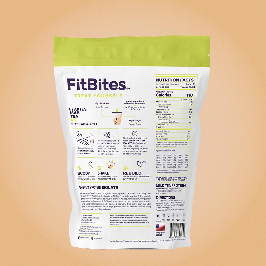 FitBites Boba Tea Protein 100% Whey Protein Powder Isolate (Milk Tea), Natural Energy