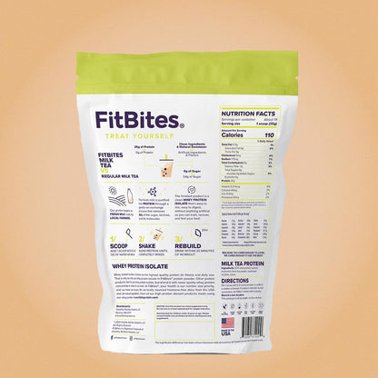FitBites Boba Tea Protein 100% Whey Protein Powder Isolate (Milk Tea), Natural Energy