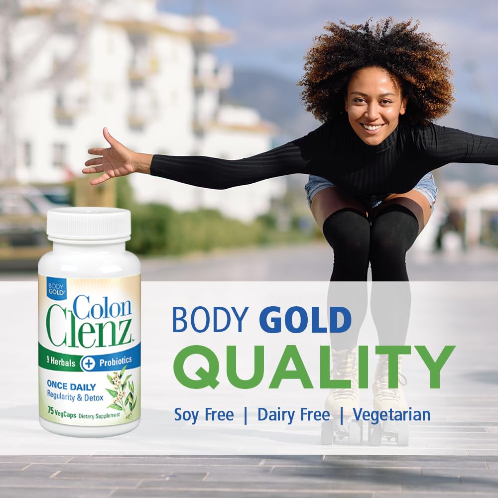 Body Gold Colon Clenz & Detox Overnight Formula | Once Daily with 9 Herbs + Active Probiotics | Constipation Relief for Adults | Bloating Relief for Women & Men | 75 Capsules
