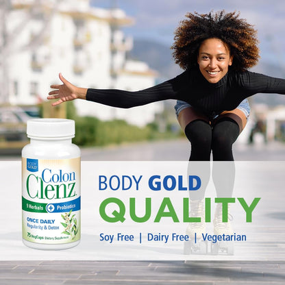 Body Gold Colon Clenz & Detox Overnight Formula | Once Daily with 9 Herbs + Active Probiotics | Constipation Relief for Adults | Bloating Relief for Women & Men | 75 Capsules