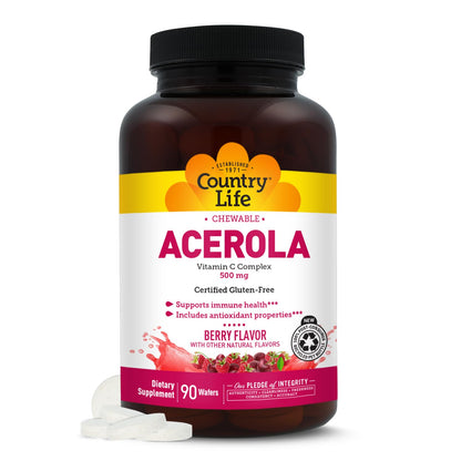 Country Life Acerola Vitamin C Complex, 500mg, Chewable Berry Flavored Wafers, Supports Immune Health, 180 Wafers, Certified Gluten Free by GFCO , Certified Vegan by AVA