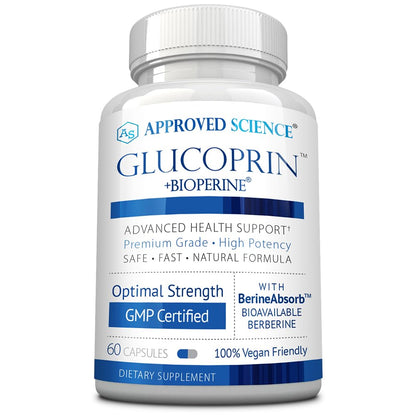 Approved Science Glucoprin - 250 mg Berberine, Mulberry, Cinnamon, BioPerine, Non GMO- Made in the US - 1 Bottle - 60 Vegan Capsules - Pack of 3