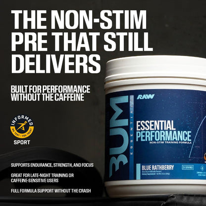 RAW Essential Performance Non-Stim Pre-Workout Powder - Preworkout for Endurance Strength & Focus Without Caffeine or Stimulants - Creatine Monohydrate, L-Citrulline & Beta Alanine - Blue Rathberry