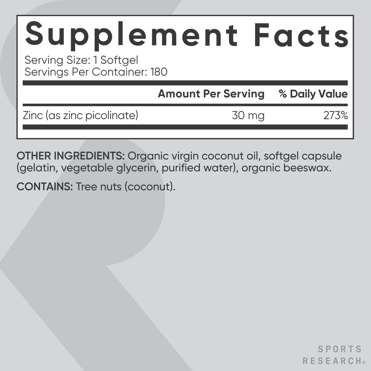 Sports Research High Potency Zinc Picolinate 30mg with Organic Coconut Oil | Highly Absorbable Zinc Supplement for Healthy Immune & Enzyme Function - Non-GMO Tested & Gluten-Free (90 Liquid Softgels)