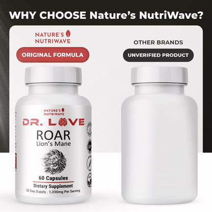Dr. Love ROAR Lion's Mane – Cordyceps & Reishi – 60 Ct, 1 Month Supply | Also includes Lion's Mane with Cordyceps, Reishi & Shiitake | Vegan, Gluten-Free, GMP Certified, Made in USA