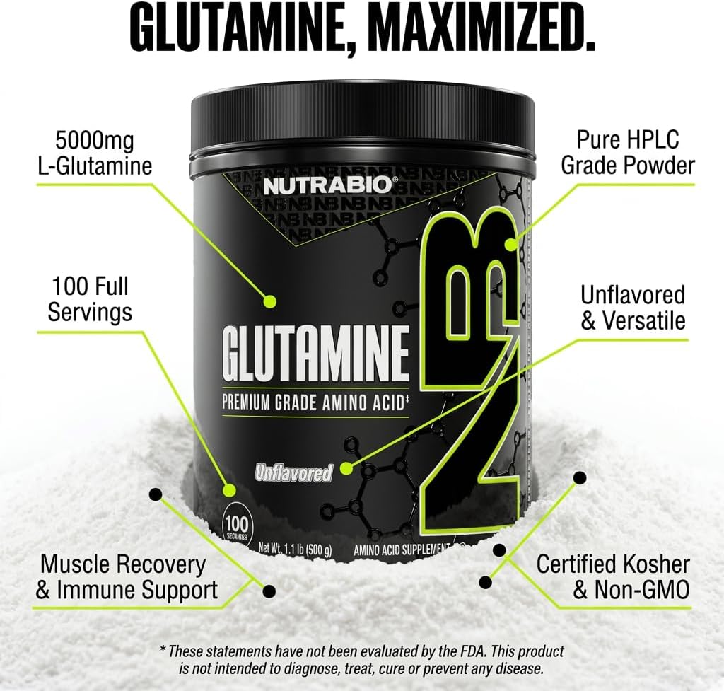 NutraBio Pure L-Glutamine Powder, 100 Servings L-Glutamine Supplement, Amino Acid, Pure Grade, Glutamina, Absolutely no Additives, Fillers or Excipients, Muscle Recovery Supplement - (500 Grams)