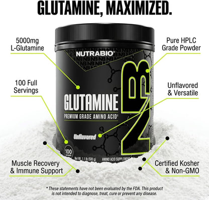 NutraBio Pure L-Glutamine Powder, 100 Servings L-Glutamine Supplement, Amino Acid, Pure Grade, Glutamina, Absolutely no Additives, Fillers or Excipients, Muscle Recovery Supplement - (500 Grams)