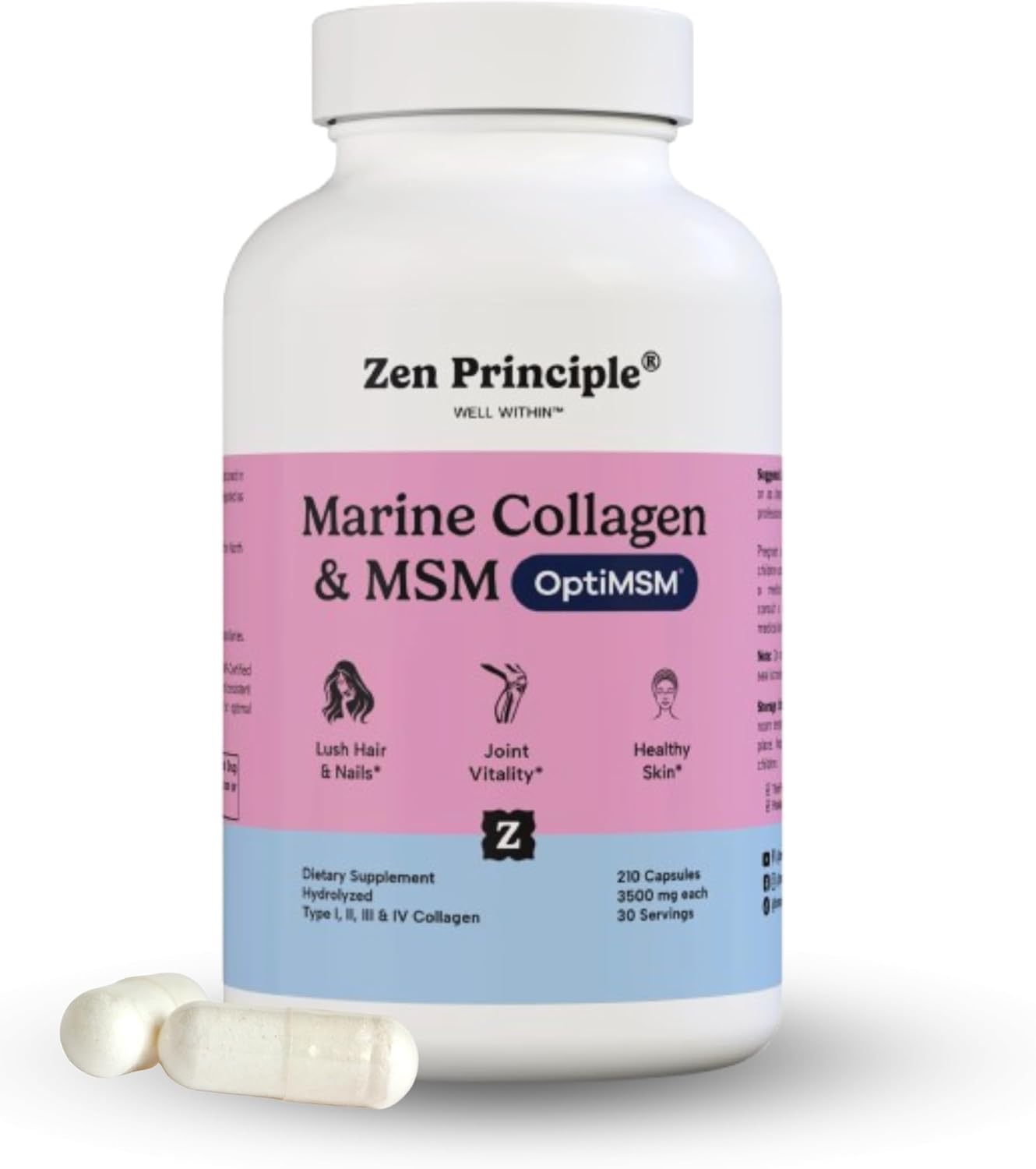 Zen Principle Marine Collagen Peptides Powder with OptiMSM® Supplement. Clinically Tested for Skin Support. Wild-Caught Fish, Non-GMO. 210 Capsules.