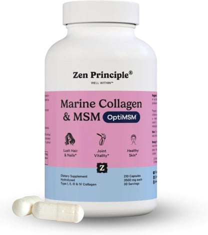Zen Principle Marine Collagen Peptides Powder with OptiMSM® Supplement. Clinically Tested for Skin Support. Wild-Caught Fish, Non-GMO. 210 Capsules.